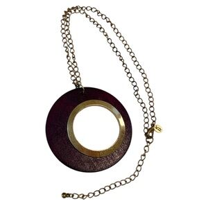 VTG Signed Wooden Circular Dark Burgundy Pendant Necklace with Gold-Tone Accents